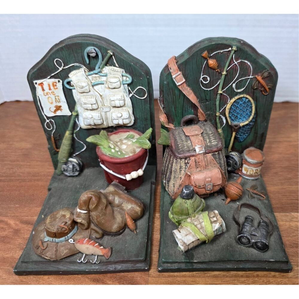 Pair of Vtg Fisherman Bookends Heavy Resin Pole tacklebox